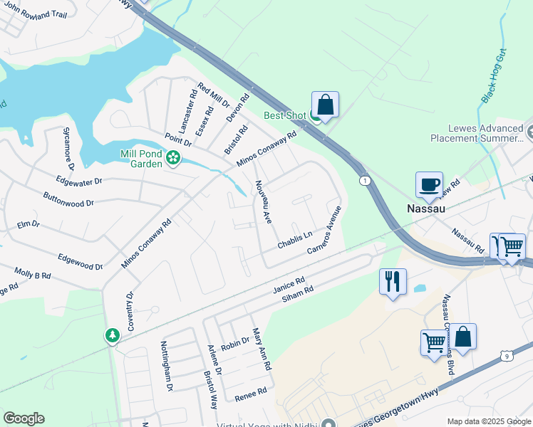map of restaurants, bars, coffee shops, grocery stores, and more near 18337 Spring Valley Lane in Lewes
