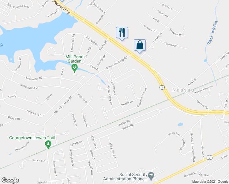map of restaurants, bars, coffee shops, grocery stores, and more near 18337 Spring Valley Lane in Lewes