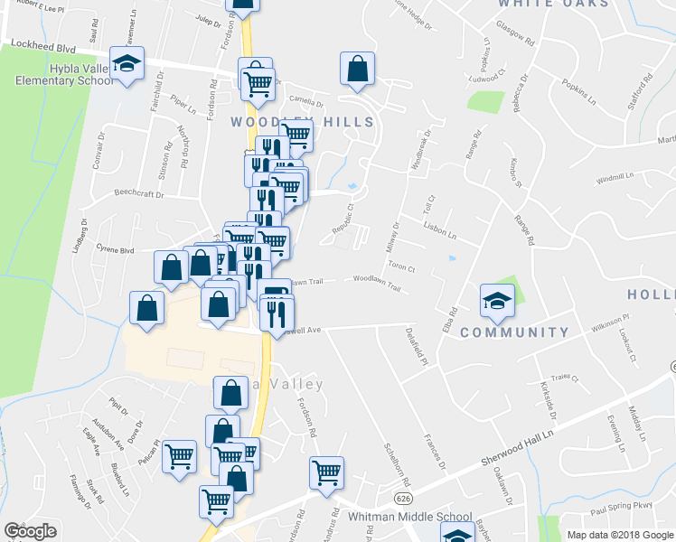 map of restaurants, bars, coffee shops, grocery stores, and more near 2718 Woodlawn Trail in Alexandria
