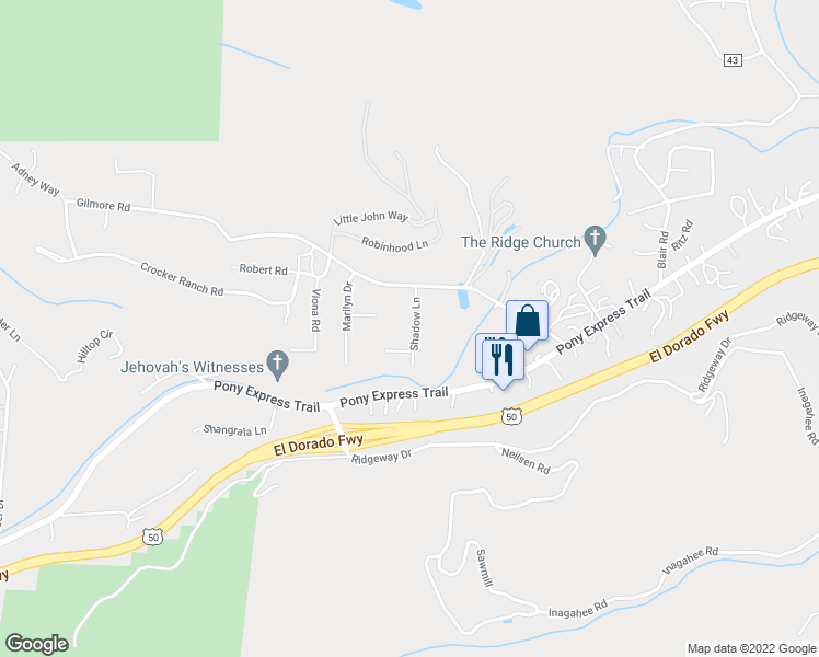 map of restaurants, bars, coffee shops, grocery stores, and more near 2902 Shadow Lane in Pollock Pines