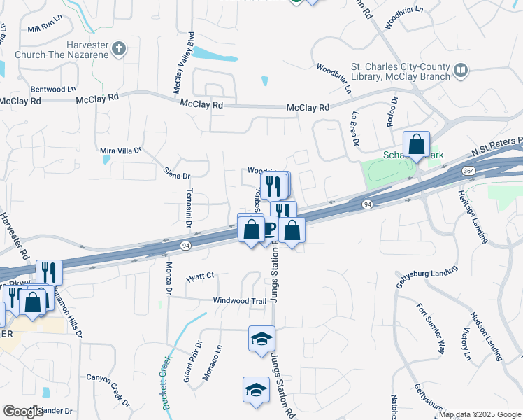 map of restaurants, bars, coffee shops, grocery stores, and more near 401 Broadridge Drive in St. Peters