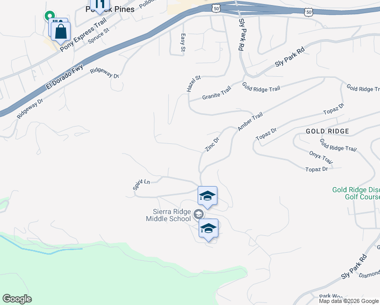 map of restaurants, bars, coffee shops, grocery stores, and more near 6435 Zircon Drive in Pollock Pines