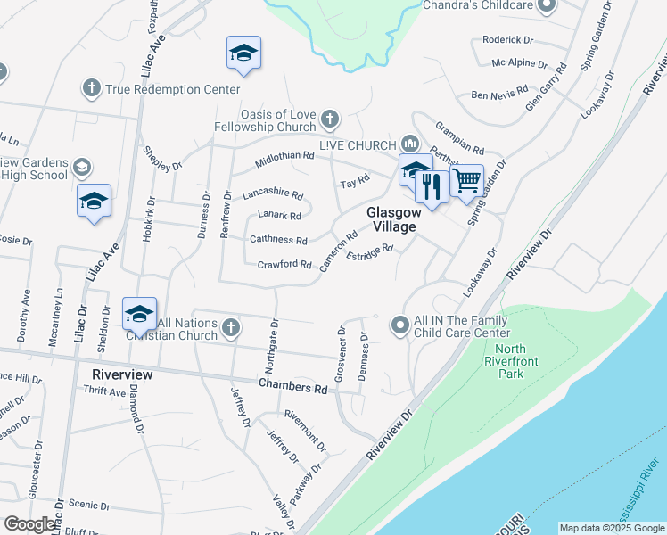 map of restaurants, bars, coffee shops, grocery stores, and more near 320 Cameron Road in St. Louis