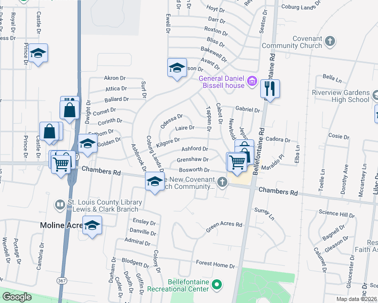 map of restaurants, bars, coffee shops, grocery stores, and more near 1156 Kilgore Drive in St. Louis