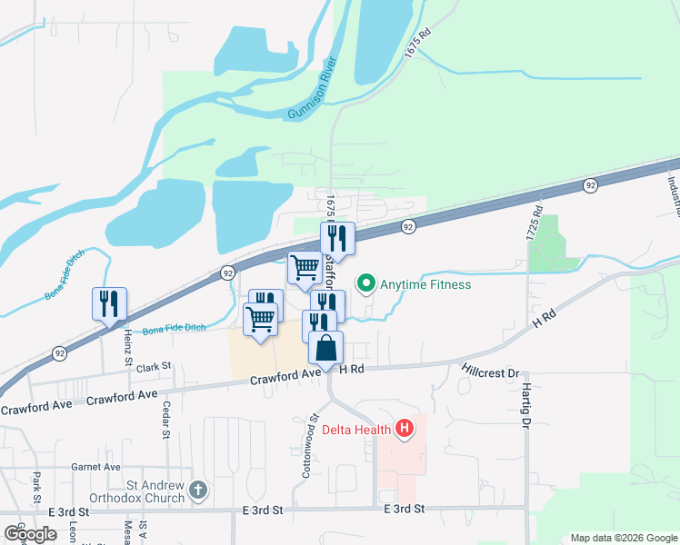 map of restaurants, bars, coffee shops, grocery stores, and more near 622 Stafford Lane in Delta