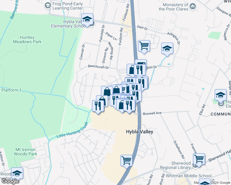 map of restaurants, bars, coffee shops, grocery stores, and more near 7514 Snowpea Court in Alexandria