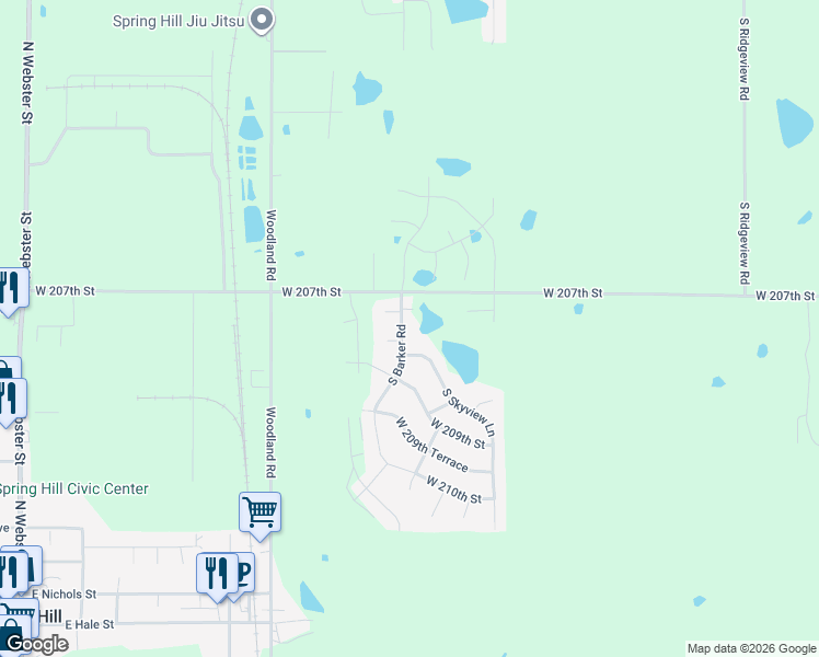 map of restaurants, bars, coffee shops, grocery stores, and more near 20709 South Barker Road in Spring Hill