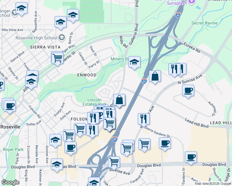 map of restaurants, bars, coffee shops, grocery stores, and more near 425 Forest Knoll in Roseville