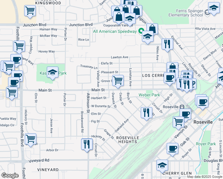 map of restaurants, bars, coffee shops, grocery stores, and more near 717 Grove Street in Roseville