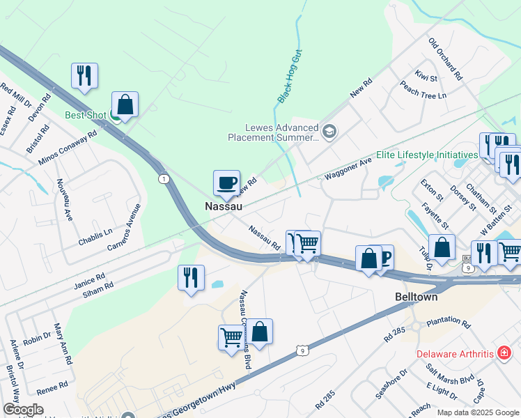 map of restaurants, bars, coffee shops, grocery stores, and more near 17255 Queen Anne Way in Lewes