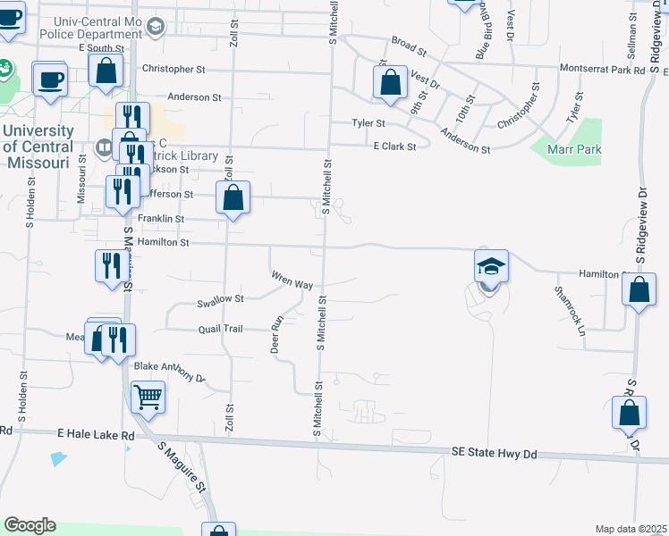 map of restaurants, bars, coffee shops, grocery stores, and more near 721 South Mitchell Street in Warrensburg