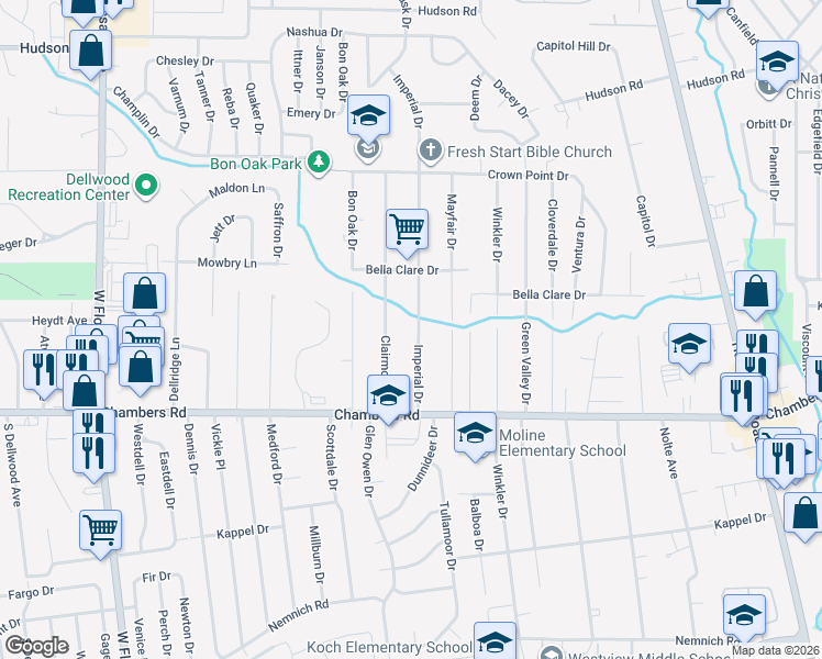 map of restaurants, bars, coffee shops, grocery stores, and more near 10106 Imperial Drive in St. Louis