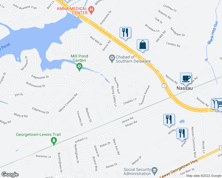 map of restaurants, bars, coffee shops, grocery stores, and more near 18337 Spring Valley Lane in Lewes