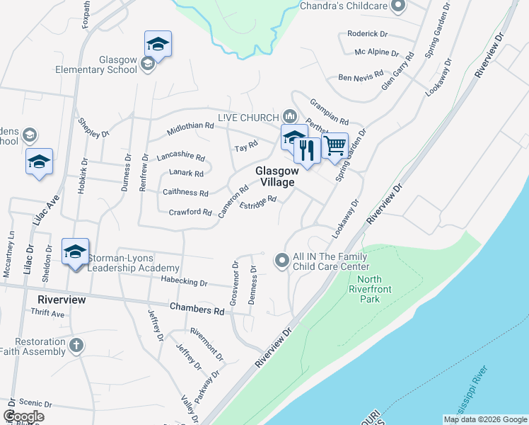 map of restaurants, bars, coffee shops, grocery stores, and more near 239 Estridge Road in St. Louis