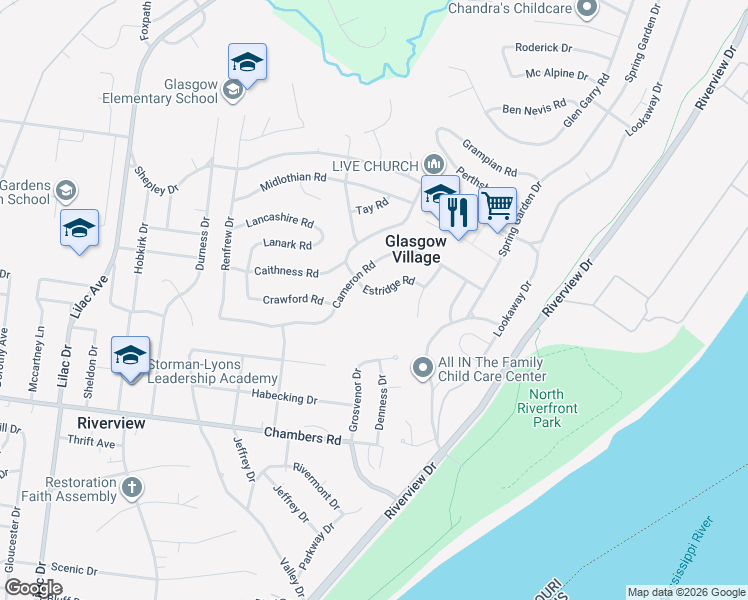 map of restaurants, bars, coffee shops, grocery stores, and more near 239 Estridge Road in St. Louis