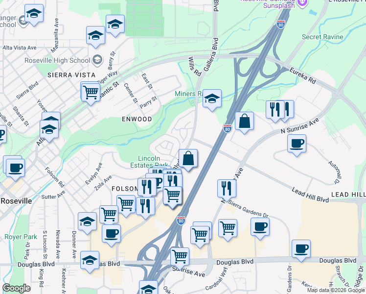 map of restaurants, bars, coffee shops, grocery stores, and more near 425 Forest Knoll in Roseville