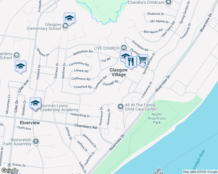 map of restaurants, bars, coffee shops, grocery stores, and more near 239 Estridge Road in St. Louis