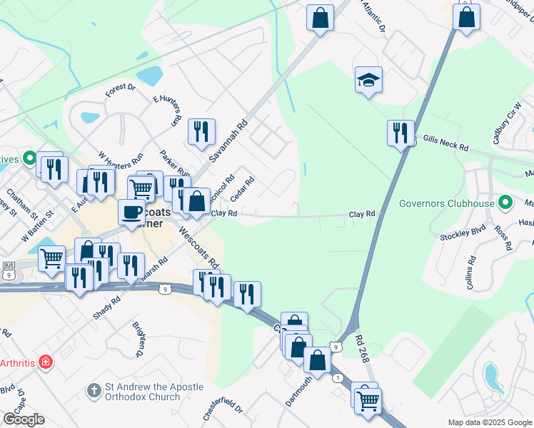 map of restaurants, bars, coffee shops, grocery stores, and more near 34019 Clay Road in Lewes