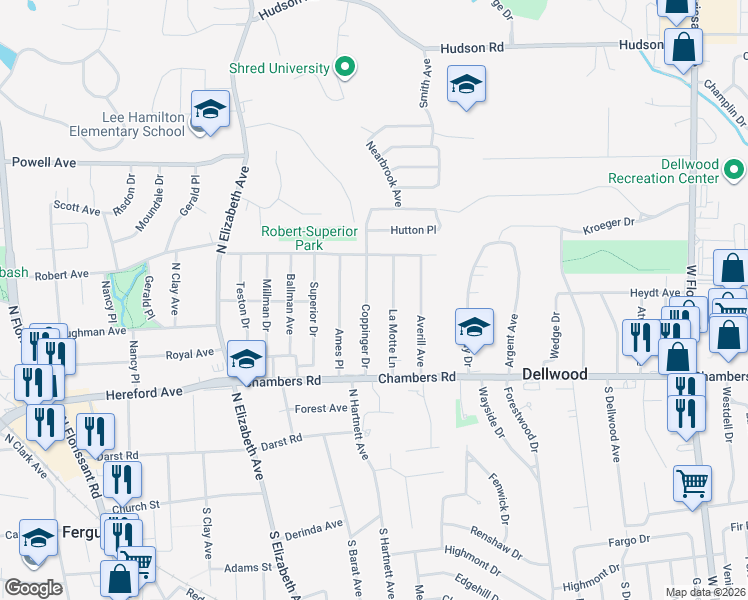 map of restaurants, bars, coffee shops, grocery stores, and more near 519 Coppinger Drive in Ferguson