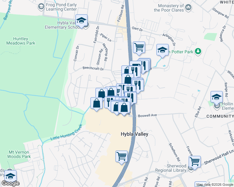 map of restaurants, bars, coffee shops, grocery stores, and more near 7518 Snowpea Court in Alexandria