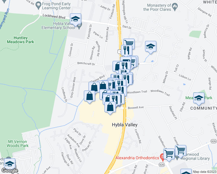 map of restaurants, bars, coffee shops, grocery stores, and more near 7518C Snowpea Court in Alexandria
