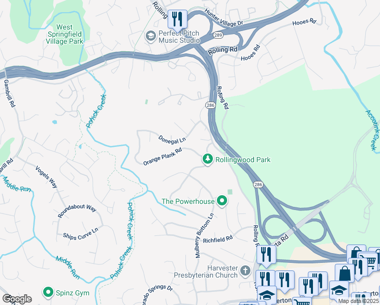 map of restaurants, bars, coffee shops, grocery stores, and more near 7915 Orange Plank Road in Springfield
