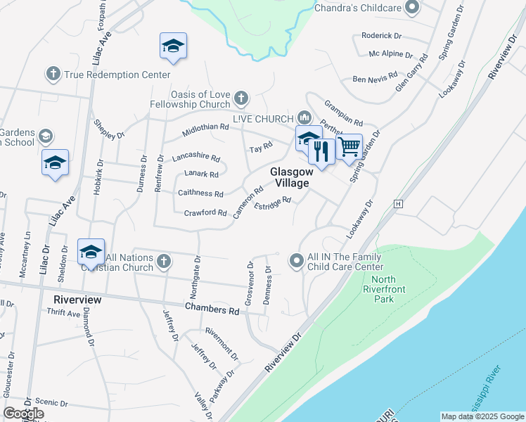 map of restaurants, bars, coffee shops, grocery stores, and more near 254 Estridge Road in St. Louis