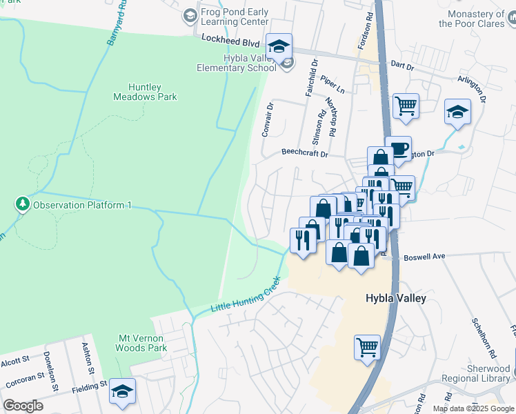 map of restaurants, bars, coffee shops, grocery stores, and more near 7672 Audubon Meadow Way in Alexandria