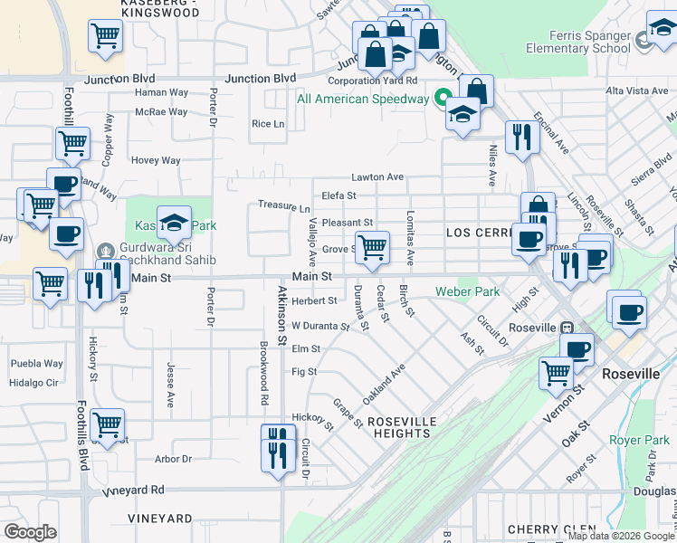 map of restaurants, bars, coffee shops, grocery stores, and more near 809 Grove Street in Roseville