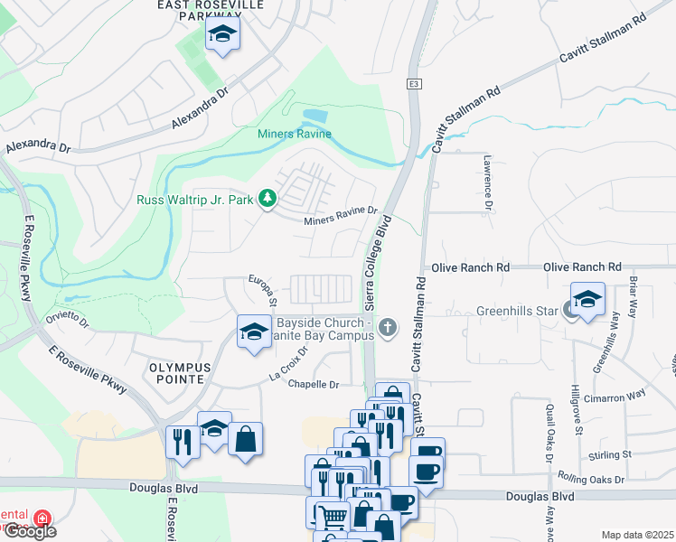 map of restaurants, bars, coffee shops, grocery stores, and more near 3436 Apollo Circle in Roseville