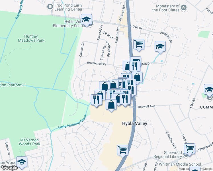 map of restaurants, bars, coffee shops, grocery stores, and more near 7510A Snowpea Court in Alexandria