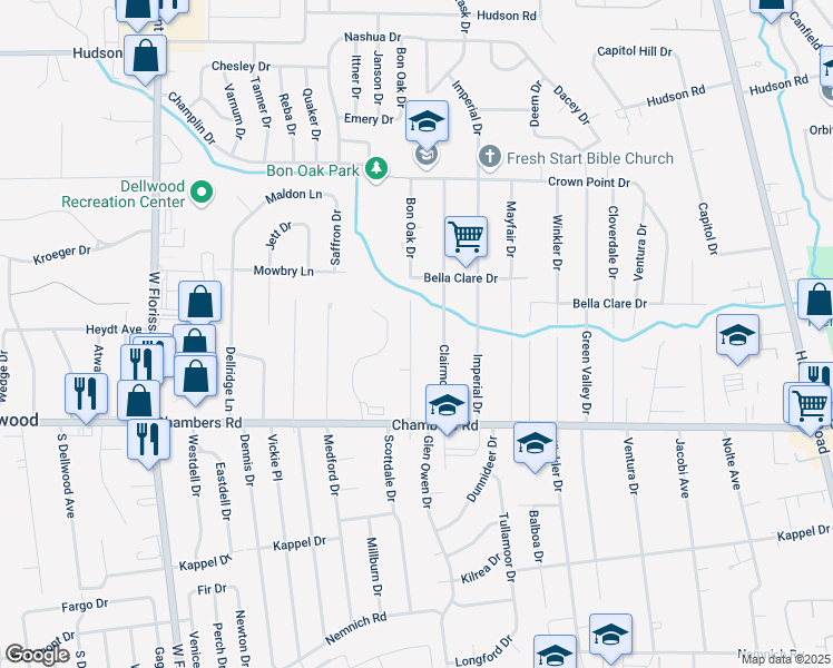 map of restaurants, bars, coffee shops, grocery stores, and more near 10062 Bon Oak Drive in St. Louis