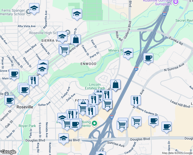 map of restaurants, bars, coffee shops, grocery stores, and more near 255 Sharp Circle in Roseville