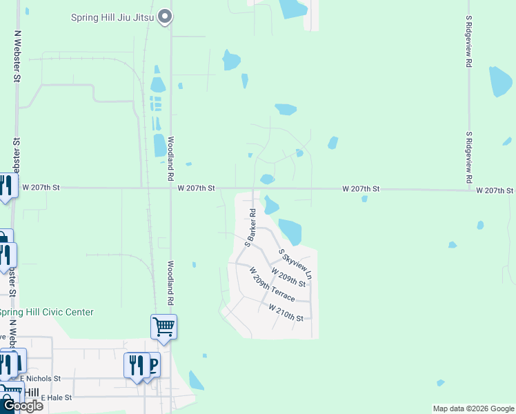 map of restaurants, bars, coffee shops, grocery stores, and more near 20709 South Barker Road in Spring Hill