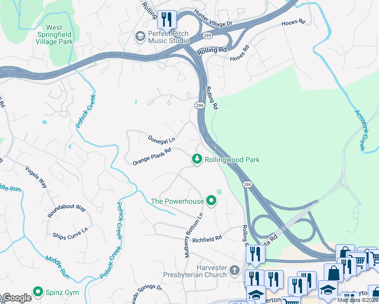 map of restaurants, bars, coffee shops, grocery stores, and more near 7906 Orange Plank Road in Springfield