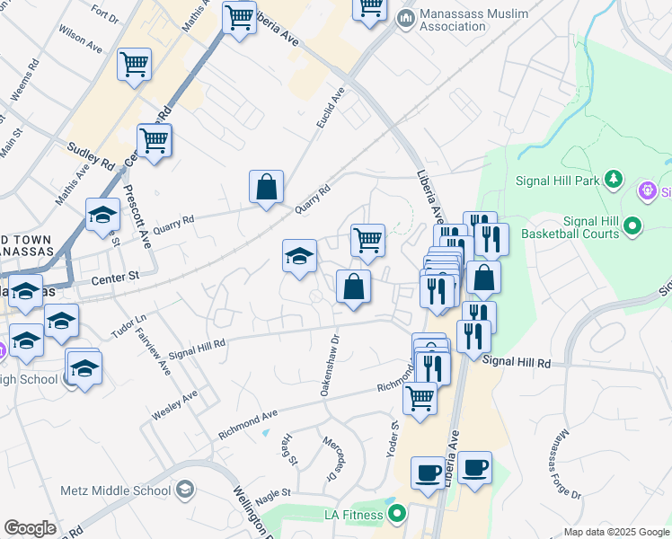 map of restaurants, bars, coffee shops, grocery stores, and more near 9569 Coggs Bill Drive in Manassas