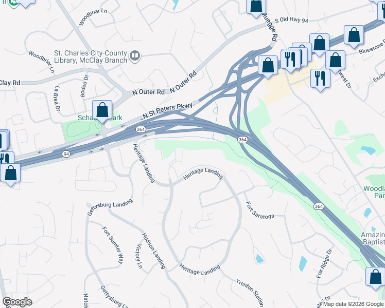 map of restaurants, bars, coffee shops, grocery stores, and more near 1436 Heritage Landing in St. Charles