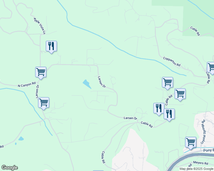 map of restaurants, bars, coffee shops, grocery stores, and more near 2148 Larsen Drive in Camino