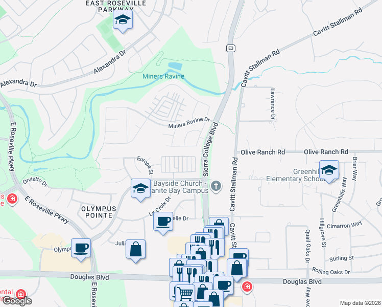 map of restaurants, bars, coffee shops, grocery stores, and more near 3089 Lennon Drive in Roseville