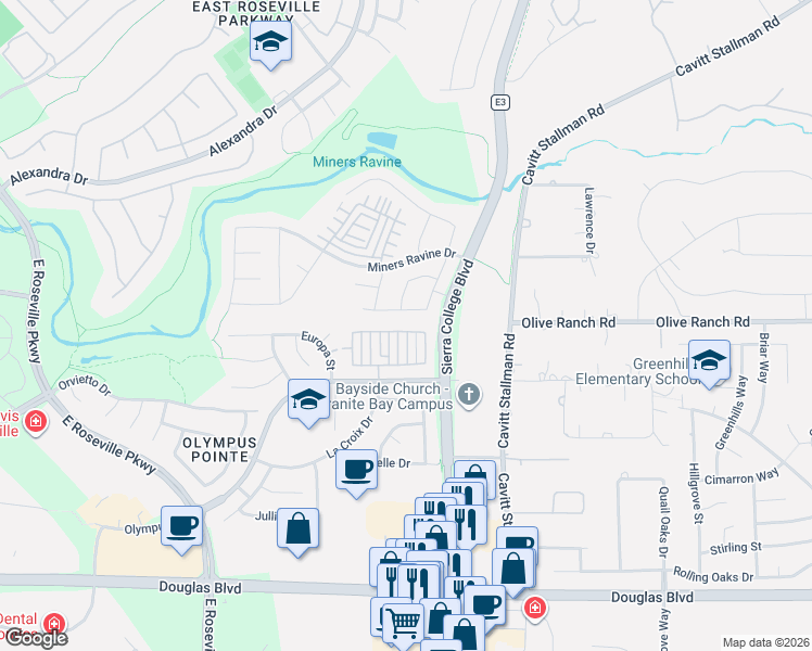 map of restaurants, bars, coffee shops, grocery stores, and more near 3161 Lennon Drive in Roseville