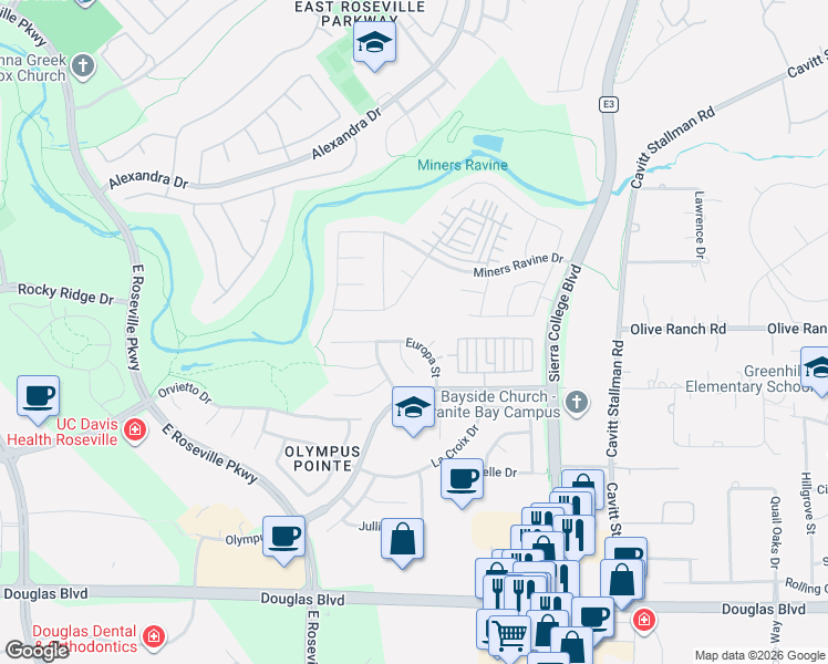 map of restaurants, bars, coffee shops, grocery stores, and more near 505 Pindar Court in Roseville