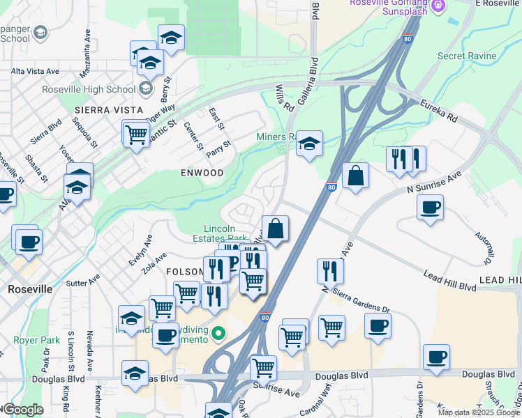 map of restaurants, bars, coffee shops, grocery stores, and more near 425 Forest Knoll in Roseville