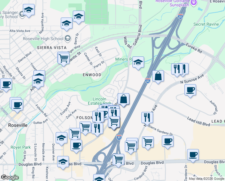map of restaurants, bars, coffee shops, grocery stores, and more near 425 Forest Knoll in Roseville