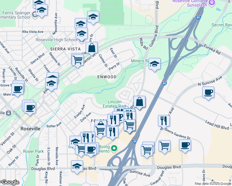map of restaurants, bars, coffee shops, grocery stores, and more near 255 Sharp Circle in Roseville