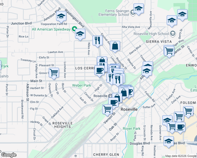 map of restaurants, bars, coffee shops, grocery stores, and more near in Roseville