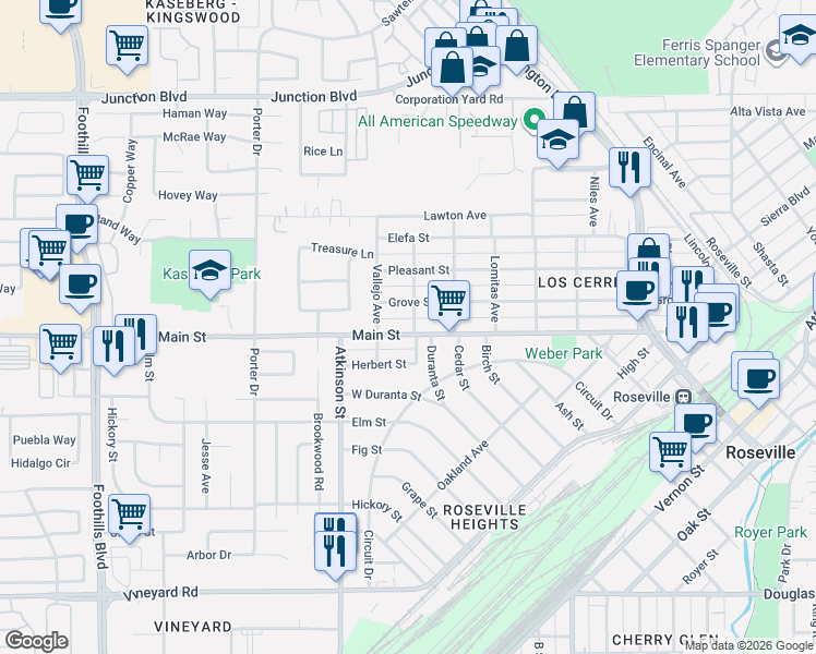 map of restaurants, bars, coffee shops, grocery stores, and more near 809 Grove Street in Roseville