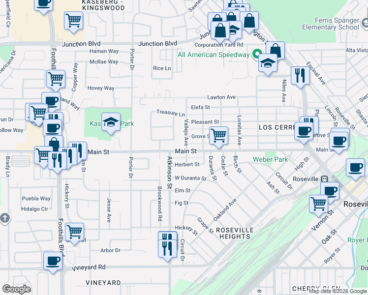 map of restaurants, bars, coffee shops, grocery stores, and more near 909 Athan Avenue in Roseville