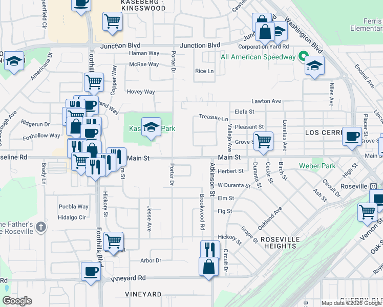 map of restaurants, bars, coffee shops, grocery stores, and more near 1007 Treasure Lane in Roseville