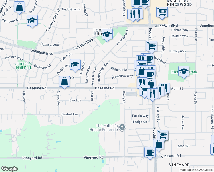 map of restaurants, bars, coffee shops, grocery stores, and more near 1301 Ridgerun Drive in Roseville