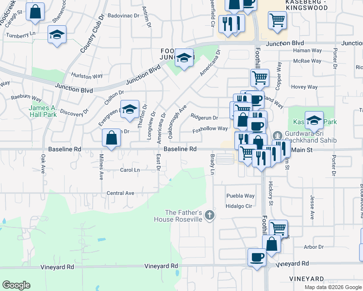 map of restaurants, bars, coffee shops, grocery stores, and more near 1301 Ridgerun Drive in Roseville